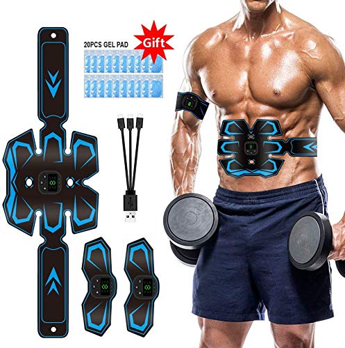 Electroestimulador Muscular Abdominales EMS Estimulador Abdominales USB 3 in 1 Recargable Estimulación Muscular Masajeador Eléctrico con 20 Pcs Parches de Gel Reemplazables