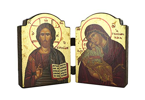 Ferrari & Arrighetti Icono díptico Cristo, Virgen María y Niño Jesús de Madera - 13 x 8,5 cm