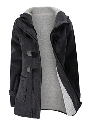 Grueso Calentar Full Fleece Forrado con Capucha Hood Hoodie Algodón Trenca Coat Capa Abrigo Jacket Cazadora Chaqueta Chamarra Top Bolsillos Buffalo Horn Botones Zipper Delantera Gris Oscuro XL