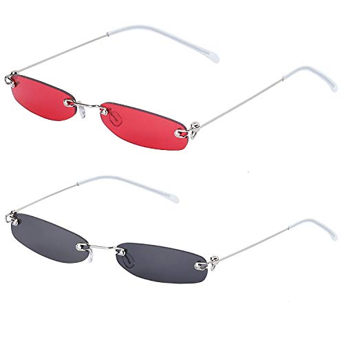Haichen 2 pares de gafas de sol rectangulares vintage para mujeres, hombres, gafas de sol pequeñas y retro, montura de metal, colores dulces (Gris + rojo)