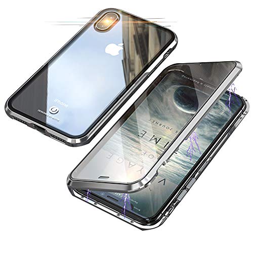 Jonwelsy Funda para iPhone XS MAX (6,5 Pulgada), 360 Grados Delantera y Trasera de Transparente Vidrio Templado Case Cover, Fuerte Tecnología de Adsorción Magnética Metal Bumper Cubierta (Plata)