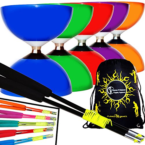 Juego de diábolo con rodamiento de Bolas Carousel + Fibra Diabolo Handsticks, Diabolo Cordel + Diabolos Bolsa de Viaje. (Azul Diabolo + Negro Palos de Mano)