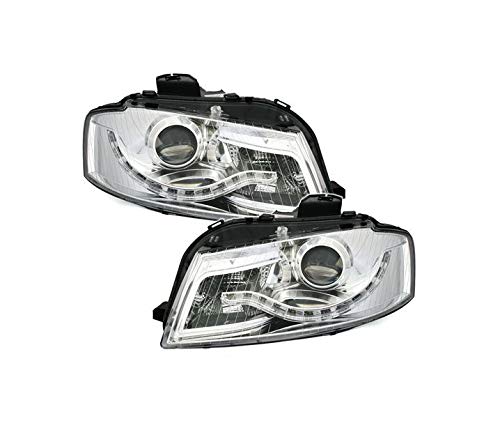 Juego de faros delanteros compatibles con Audi A3 8P 2003 2004 2005 2006 2007 2008 VP498 Faros TFL faros delanteros del lado del conductor y del pasajero Asamblea Proyector Luces delanteras LHD cromo