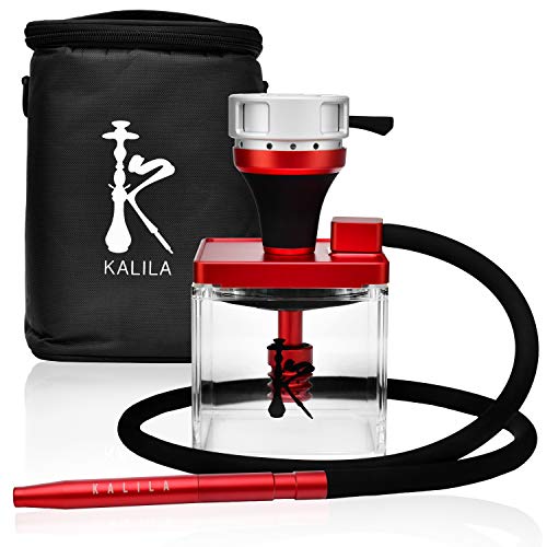 KALILA Premium Shisha para casa o para llevar - Juego completo con tabaco + gestión del calor + tubo de inmersión + difusor, manguera + boquilla y bolsa de transporte - Rojo