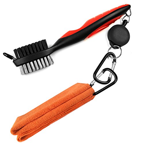 LeRan - Kit de limpieza para palos de golf, formado por cepillo retráctil y juego de toallas de microfibra 2 en 1, con mosquetón de aluminio, Orange towel