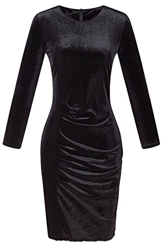 Manga Larga Frunces Delantera Zipper Espalda Terciopelo Midi a Media Pierna Bodycon de Tubo Ajustado Lápiz Vestido Negro XL