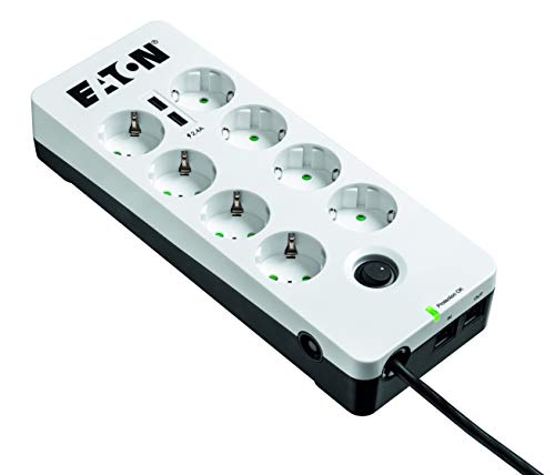 Multi Enchufe/Pararrayos - Eaton Protection Box 8 Tel@ USB DIN - PB8TUD - 8 enchufes Schuko + 1 Enchufe de teléfono + 2 Puertos USB - Negro y Blanco