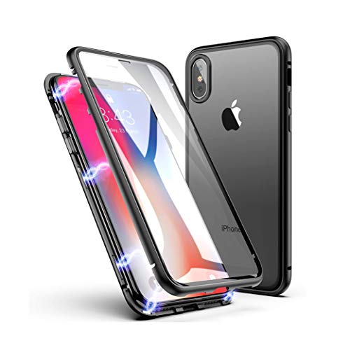 P Pevita Funda Protectora 360º para iPhone XS MAX - Carcasa Completa con Marco de Aluminio+ Vidrio Templado Delantero y Trasero - Funda Transparente con Adsorción magnética para iPhone XS MAX