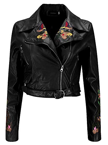 Piel Sintética Cuero del Faux Flor Flores Bordados Asimétrico Wrap Cuello Moto Biker Motorbike Jacket Cazadora Chaqueta Chamarra Corta Corto Top Cremallera Zipper Delantera Negro S Piel Sintética Cuero del Faux Flor Flores Bordados Asimétrico Wrap Cuello Moto Biker Motorbike Jacket Cazadora Chaqueta Chamarra Corta Corto Top Cremallera Zipper Delantera Negro S