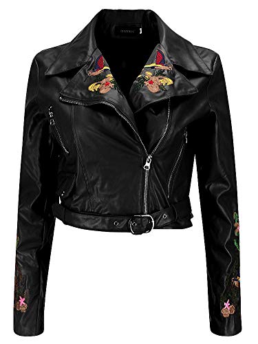 Piel Sintética Cuero del Faux Flor Flores Bordados Asimétrico Wrap Cuello Moto Biker Motorbike Jacket Cazadora Chaqueta Chamarra Corta Corto Top Cremallera Zipper Delantera Negro S