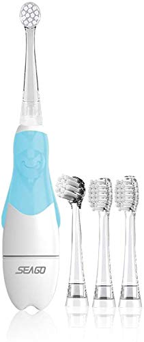 Seago - Cepillo de dientes eléctrico para niños de 6 meses a 4 años de edad, dientes para niños, impermeable, temporizador inteligente, lámparas LED de color y 4 cabezales de cepillo, color azul