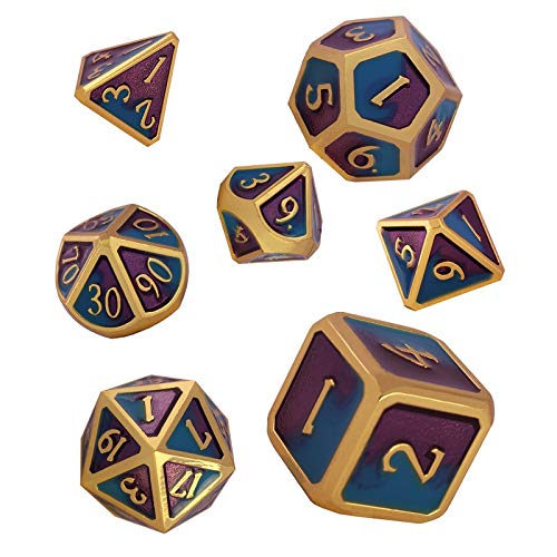 Set de Dados para Dragones y Mazmorras, 7 Piezas D&D Poliédricos Dice Set de Metal Sólido de D4 D6 D8 2xD10 D12 D20 Dados de Esmalte para Juegos de rol RPG DND (Imitation Gold - Blue & Purple)