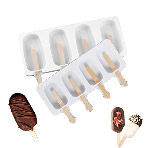 SLKIJDHFB Dos juegos de moldes de helado, uno grande y uno pequeño y 50 palos de madera, herramientas de fabricación de paletas de silicona de grado alimenticio, DIY helados paletas de chocolate