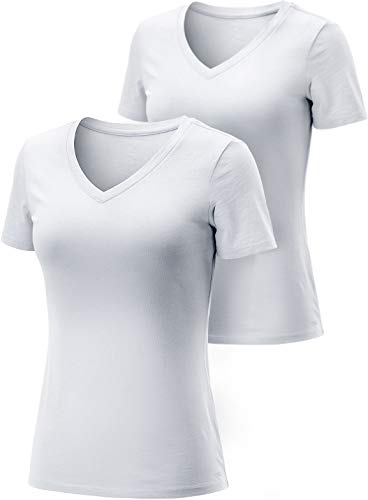Tsla - Pack de 2 camisetas para mujer con cuello en V, fresca y seca de manga corta, camiseta deportiva de algodón Dyna, Fts30 - Paquete de 2 unidades, color blanco, small