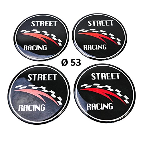 4 x Silicona adhesivo/Emblema para tapas de buje | Diseño: Street Racing | Diámetro: 53 mm