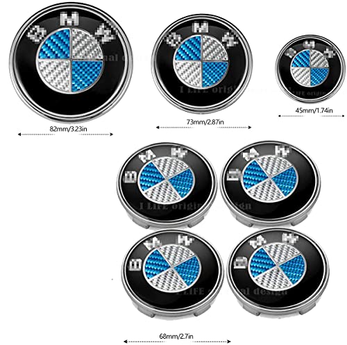 7 piezas de BMW BMW Blue Carbon Fiber Insignias, BMW Wheel Center Cover, Wheel Hub Cover X4, BMW Logo de repuesto hood/big Truck, BMW steering wheel