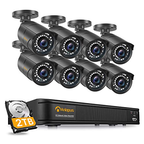 Anlapus 1080P Kit de Cámaras Seguridad PoE 8CH H.265+ Videograbador con 2TB Disco Duro 8 Cámaras de Vigilancia Exterior, 30M Visión Nocturna, App Gratis