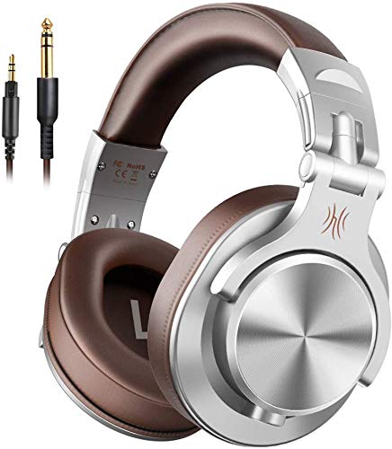 Auriculares OneOdio sobre la oreja, auriculares DJ con cable, auriculares HiFi de estudio con puerto compartido para monitor de grabación AMP de guitarra de piano e-drum (Plateado)