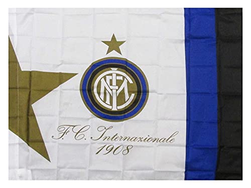 Bandera del Inter Grande. Tamaño 100 x 140 cm. Color blanco con escudo y detalles dorados. Rayas negras. Producto oficial del F.C. Internacional.