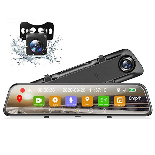 Cámara de Coche, Podofo Mirror Dash CAM 12" IPS Pantalla Táctil FHD 1080P Cámara de Espejo retrovisor de Doble Lente, grabación en Bucle, Visión Nocturna, Monitor de Aparcamiento