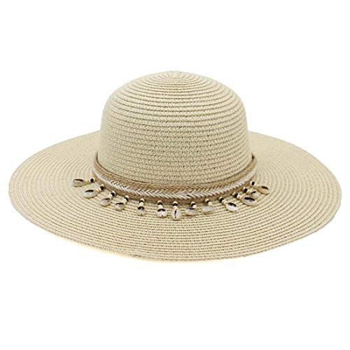 Charmylo Sombreros de Paja para Mujer Sombrero de Sol Gorra de Playa con Cinta de Concha y Correa para la Barbilla - UPF50 Ajustable y Empacable Mujer Sombrero de Verano Fedora Trilby