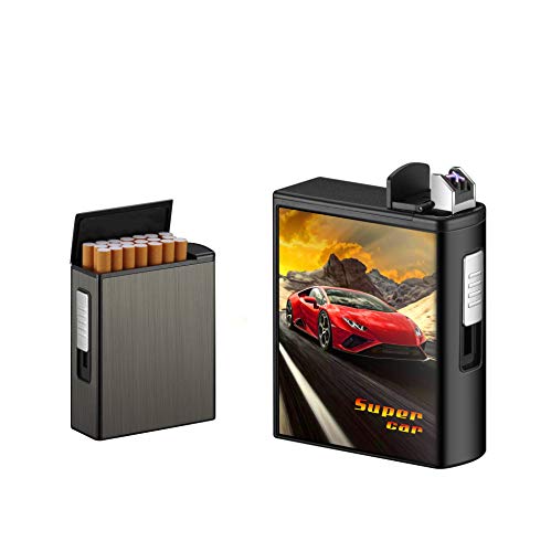 con Mechero Estuche de Cigarrillos de USB Recargable Caja de Cigarrillos,sin Llama a Prueba de Viento eléctrico Encendedor,Capacidad 20pc,Encendedor Pitilleras para Mujer y Hombre(Sports Car,Arco)