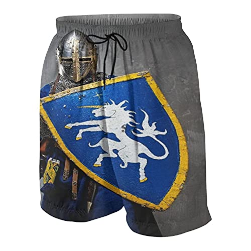 De Los Hombres Casual Pantalones Cortos,Caballero medieval con escudo y espada, historia envejecida, ilustraciones de diseño oxidado,Traje de Baño Playa Ropa de Deporte con Forro de Malla