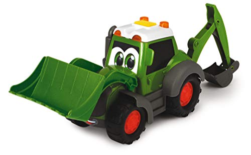 Dickie Toys Happy Fendt Loader, Brazo de Pala, Incluye 2 pylones, niños a Partir de 1 año, vehículo de Obras, Excavadora, Coches de Juguetes, luz y Sonido, 21 cm, Color Verde (203814013)