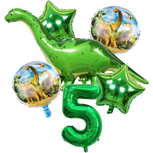 DIWULI, gran juego de globos de dinosaurios, 1x globo gigante de dinosaurios + XL número 5 globo verde + 2X globo de estrellas + 2X globo de papel de aluminio 5º cumpleaños