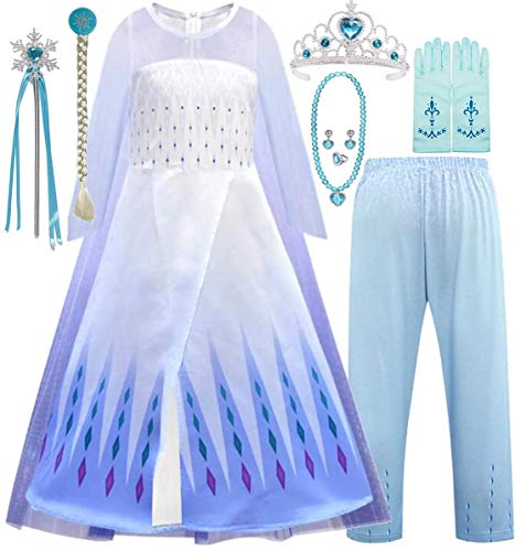 EMIN Disfraz infantil de princesa Elsa de Frozen de manga larga con pantalón y capa de tul, ideal para fiestas de cumpleaños, carnaval, Halloween, cosplay, carnaval, carnaval