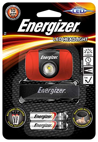 Energizer Linterna Frontal LED, 55 LM, 18 Horas, 20 Metros, Resistente a caidas, Pilas Incluidas, 0.75 W, Rojo