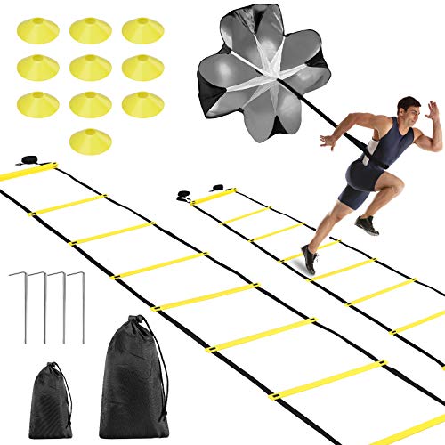 Equipo de Entrenamiento de Fútbol, Fostoy 2×6M Escalera de Velocidad Agilidad Football Kick Trainer y Conos de Disco, Escalera Entrenamiento de Fútbol con Paracaídas de Resistencia 4 Estacas de Acero