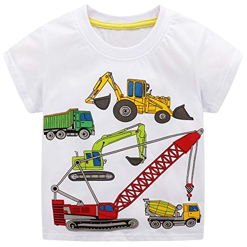 FILOWA Bebé Niño Camiseta Manga Corta Algodon Camisetas Elegante Verano Casual Dibujos Ropa Chico Sudadera Deporte Cuello Redondo Chandal Colegio Blanco Excavador Grua Impresión 1 2 3 4 5 6 7 Años