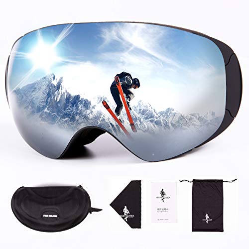FREE SOLDIER Gafas Esqui para Hombres y Mujeres Gafas Snowboard Antivaho OTG con Lentes Extraíbles Gafas de Esqui sin Marco Magnéticas de Invierno con Protección 100% UV400(Plata-14% VLT)