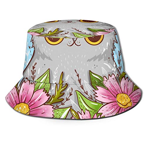 GOSMAO Gato Gris de Dibujos Animados Unisex con Flores Sombrero de Pescador Sombrero para el Sol al Aire Libre-SR