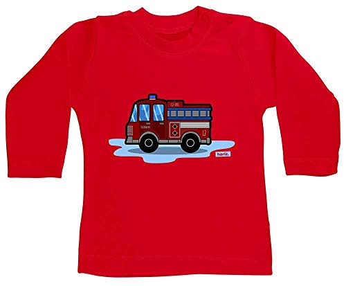 HARIZ Camiseta de manga larga para bebé, diseño de bombero, excavadora, tren y tarjetas de regalo, color rojo, 12-18 meses