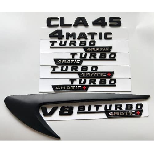 Letras negras CLA45 V8 BITURBO Turbo 4MATIC + Fender Trunk portón emblema emblema emblema para Mercedes Benz AMG c117 X117 (2 unidades, negro mate)