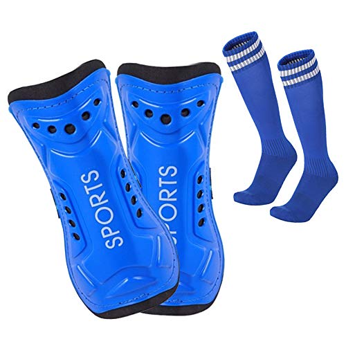 Lifreer - Espinilleras de fútbol, 3 tamaños, calcetines de fútbol, espinilleras para niños, calcetines de fútbol para niños y niñas, equipo de protección para piernas (azul)