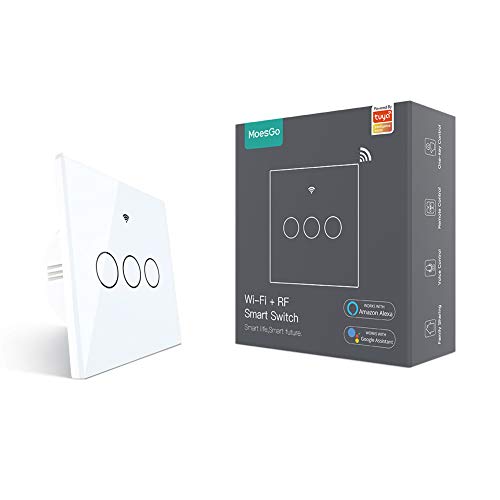 MoesGo Wifi Interruptor táctil con 1 vía o asociación de control múltiple(2 vías),estado del relé opcional,trabajo con apps Smart Life y Tuya,Alexa y Google Home,control remoto RF433 Blanco(3Gang) MoesGo Wifi Interruptor táctil con 1 vía o asociación de control múltiple(2 vías),estado del relé opcional,trabajo con apps Smart Life y Tuya,Alexa y Google Home,control remoto RF433 Blanco(3Gang)