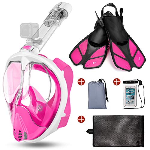 Odoland Snorkel Mask y Aletas Kit 5-en-1, Máscara de Buceo 180 °Cara Completa de Panorámico Visión Tecnología Antiempañante Anti-Fugas Camara Compatible, Rosa XL - (Mask L + Fins L)