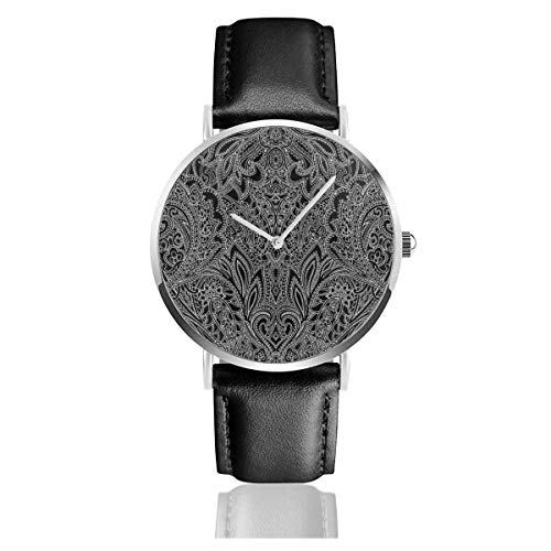Reloj de Pulsera Reloj de Cuarzo Paisley Power Paisley Contorno del Espejo de Encaje Negro Blanco Diseño Relojes Casuales con Reloj de Cuero Negro