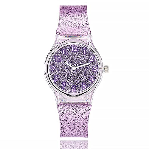 SANDA Relojes para Niña,Estudiante Moda Impermeable Puntero Cuarzo Reloj para niños Color Transparente Flashflash Star Vacío Jelly Jelly Mesa-púrpura