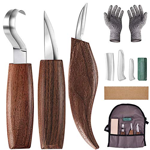 Wood Carving Hook Knife Set 6 in 1 Carving Kit Wood Carving Tools, Carving Hook Knife/Wood Whittling Knife/Chip Carving Knife/Carving Knife Sharpener/Cut Resistant Gloves