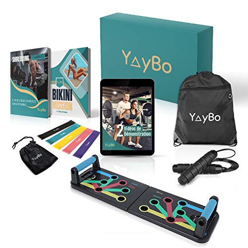 YayBox - Kit de culturismo y fitness 9 en 1 Tabla de flexiones + Cuerda de saltar + 5 bandas de resistencia + Bolsa de transporte - Equipo completo de fitness para hacer ejercicio en casa