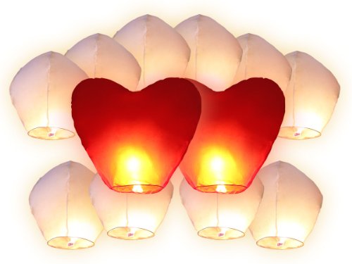 12 farolillos chinos voladores (10 unidades farolillos blancos + 2 unidades farolillos corazones rojos gigantes) farol chino volante del cielo regalo de cumpleaños boda San Valentín romántico noche romántica hombre mujer sorpresa para niños fiesta espectá