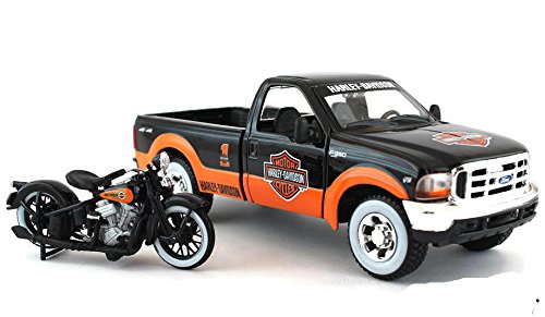 1999 Ford F-350 Pickup Truck con Harley Davidson 1936 El Knucklehead Motocicleta 1/24 Ruedas Naranja/Negro y Blanco por Maisto