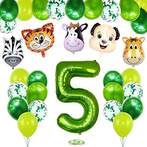 5 Años Selva Fiesta de Cumpleaños Decoracion, 5 Años Cumpleaños Decoración Set,Foil Globo Número 5 Verde,Bosque Animal Globos Niño Niña Cumpleaños Baby Shower