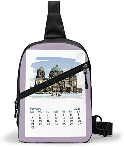 Calendario de febrero de 2021, bolso bandolera para hombro, para exteriores, senderismo, viajes, bolsa de bolsillo personal para mujeres, hombres, resistencia al agua