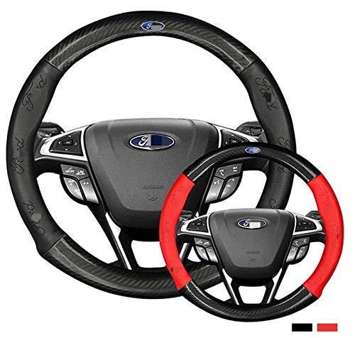 Cubierta de Volante de Cuero de Carne de Vaca de Fibra de Carbono Adecuado para Ford Focus 2 3 MK2 Fusta FUSTE Mondeo MK4 KUGER Ranger F150 (Size : Black 38cm)