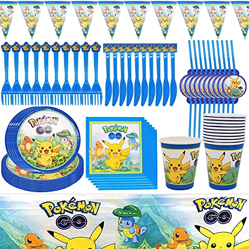 Decoración de la Fiesta de cumpleaños Infantil de Pokemon, Party Supplies Set, Artículos para Fiestas para Niños, Vajilla de Fiesta de cumpleaños para 10 Invitados (81 Piezas)